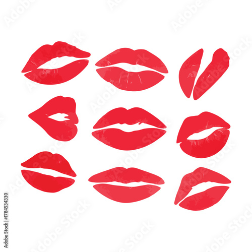 PrintCollection of nine vibrant red lipstick kiss imprints on a white background