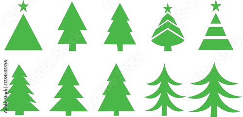 Christmas tree icon set .houettes in black color. Vintage vector icons isolated on white background. Silhouettes of christmas trees with a stars at the top. Big set for decoration.