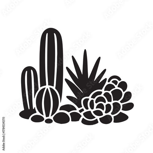 Silhouetted desert cactus and succulent plants growing in a stylized landscape