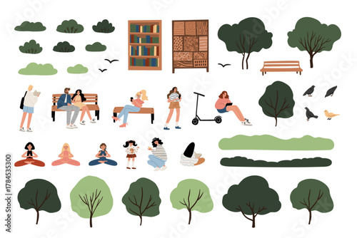 People in park clipart collection. Characters reading books, walking dogs, relaxing on benches among trees set. Multicultural community in natural environment. Flat vector illustration.