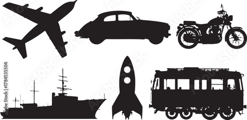 Set of transportation silhouette icons including vehicles and machinery vector illustration