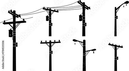 Electric power pole silhouette collection, black and white vector design, street light and telephone line illustration, urban energy infrastructure art