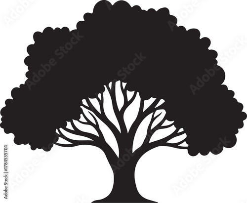 Black silhouette of a large deciduous tree with a full canopy and visible branches on a white background on transparent background