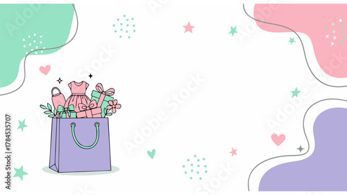 Holiday Sale Vector Illustration with Gift Shopping Bag and Minimal Pastel Design