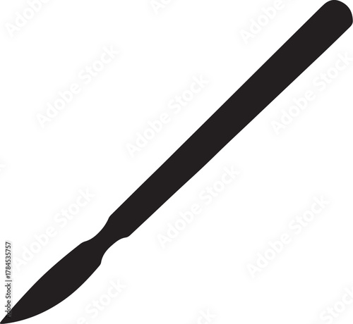 Black Silhouette of a Surgical Scalpel on a White Background Keywords: scalpel, surgery, surgical instrument, medical, healthcare, blade, sharp, tool, instrument, medicine, on transparent background