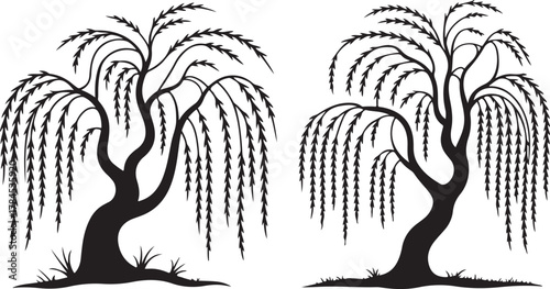 set of black vector tree silhouettes tribal tattoo nature design logo illustration