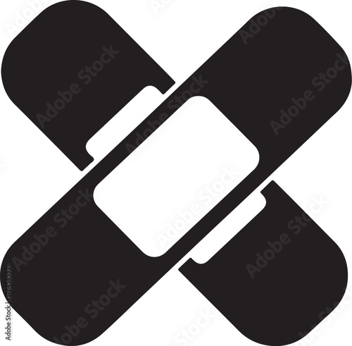 Two black and white adhesive bandages crossed over each other plaster medical on transparent background