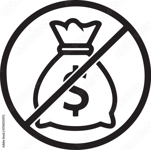 Black and white icon of a money bag with a dollar sign crossed out in a circle currency finance on transparent background