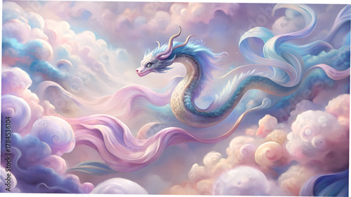 Fantasy Sky Dragon Background – Majestic Serpent Dragon Flying Through Dreamy Pastel Clouds with Flowing Hair and Magical Light – Ethereal Mythical Creature Digital Art Design