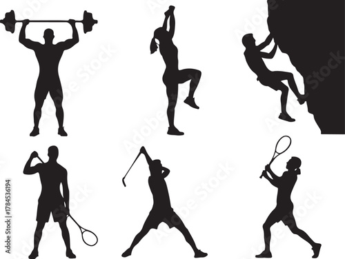 Vector silhouette illustration of black dancing people, athletes, and sport players in action