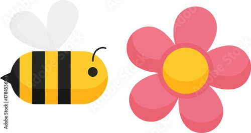Cute bee and pink flower illustration for spring and nature themes