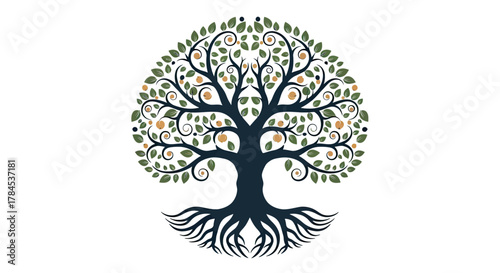 A stylized tree illustration with a round canopy, roots, leaves, fruit on a white background