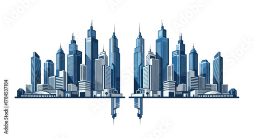 Symmetrical illustration of a modern cityscape with high-rise buildings in shades of blue