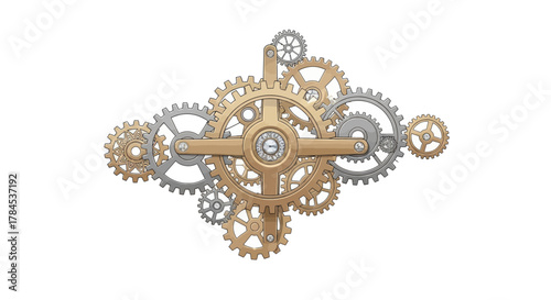 Complex mechanism illustration of interlocked gears, in metallic gold and silver tones
