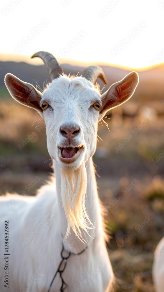 Obraz premium Close-up of a white goat with open mouth, beard, and horns against sunset background