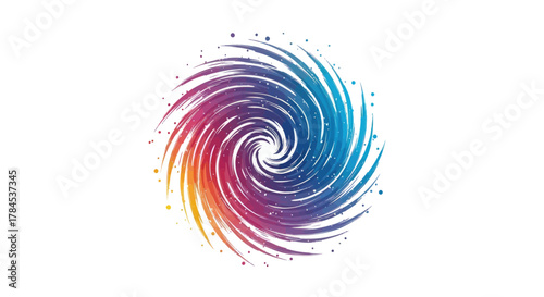 A colorful, swirling, abstract graphic on a white background, suggesting energy