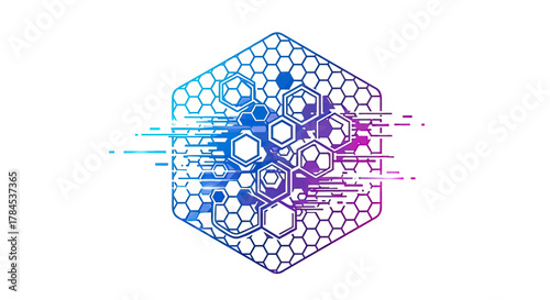 A hexagonal graphic with nested polygons and linear streaks, colored blue to purple