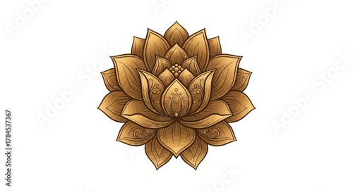 Artistic golden lotus illustration on white backdrop. Decorative floral design with detailed petals