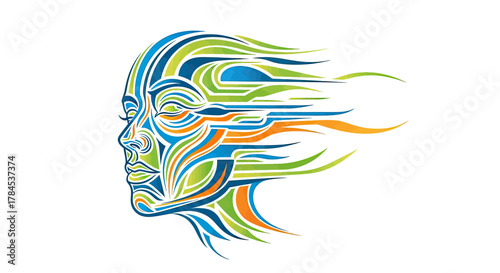 Abstract colorful profile of a face with flowing lines against a white background