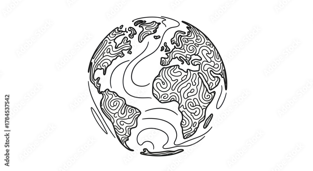 Fototapeta premium An illustration of a globe with swirly, topographical-like lines, with a black and white theme