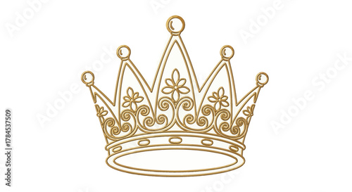 Golden ornate crown, with detailed floral and swirl designs, on a white background