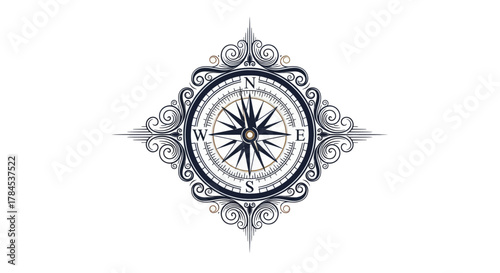 An ornate compass design with swirling decorative elements and compass points