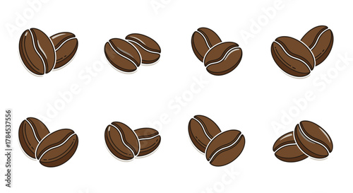 Eight pairs of stylized coffee beans in various orientations, brown with white highlights