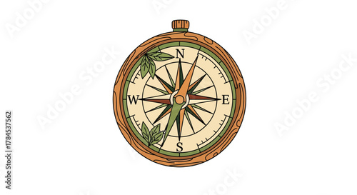 Illustration of a compass with a wood grain frame, direction indicators, and leaf details