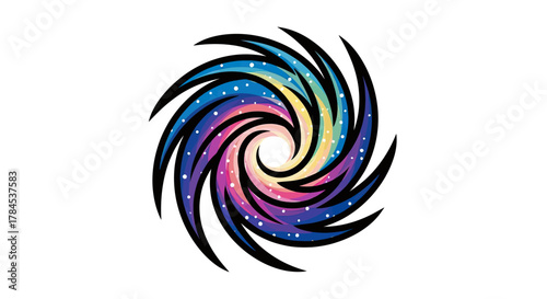 Abstract illustration of a swirling galaxy or energy pattern with bold black outlines
