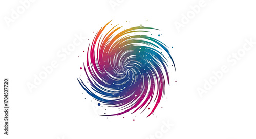 Abstract spiral in rainbow hues, swirling center, with scattered dots on white background