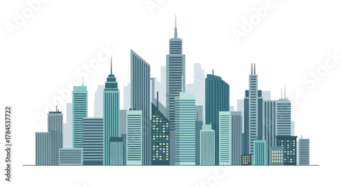 A stylized vector illustration of a city skyline with skyscrapers and various building designs