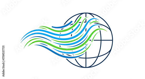 A logo design depicts a globe with flowing blue and green lines representing global connectivity