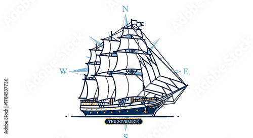 A detailed illustration of a vintage sailing ship with a compass rose