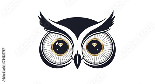 Intricate owl design with diamond eyes in gold rings, using black and white