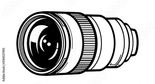 Black and white illustration of a camera lens with multiple protruding sections