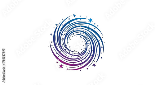 A swirling galaxy-like design with a gradient of purple to blue and scattered stars
