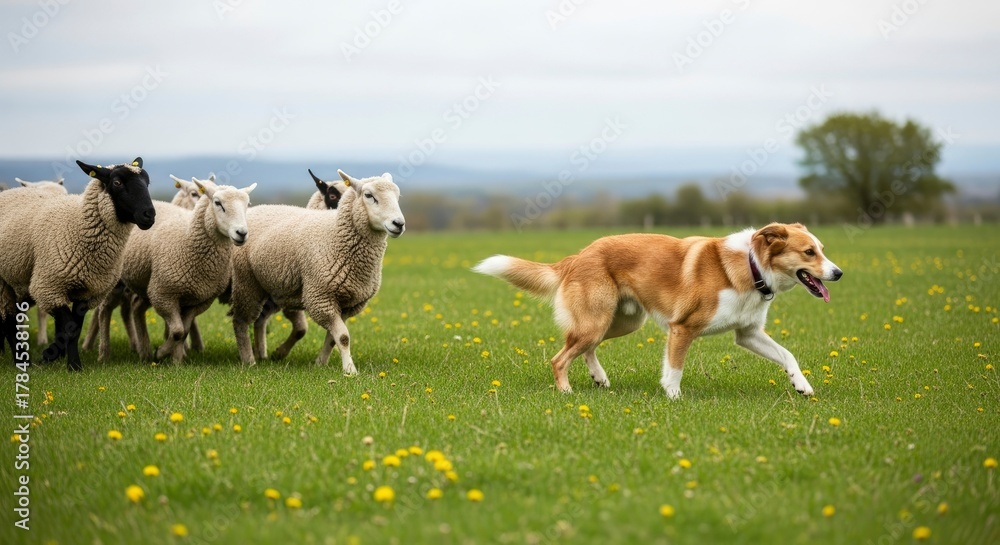 Obraz premium Herding Sheep: A diligent sheepdog masterfully guides a flock of sheep across a verdant pasture, showcasing the harmonious partnership between animal and environment.
