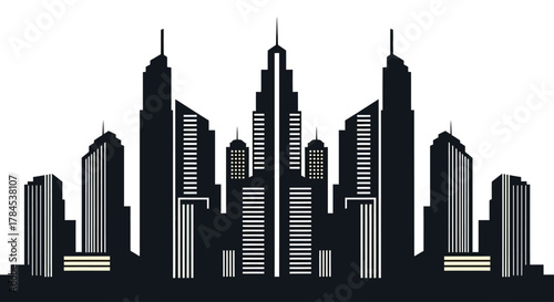 Silhouette of a modern city skyline with varying skyscraper designs
