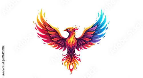 Colorful, stylized illustration of a phoenix spreading its wings, a vibrant bird on white