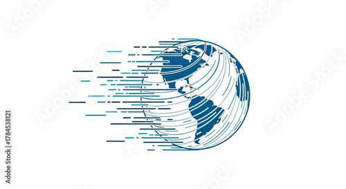Stylized blue world globe with speed lines, implying global connections and movement