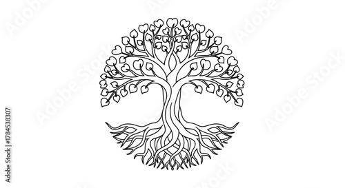 A black and white illustration of a tree with heart-shaped leaves and intertwined roots