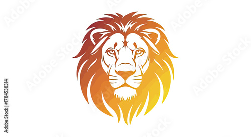 A majestic lion head graphic with vibrant orange to yellow gradient, on white