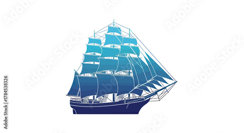 Silhouette of a sailing ship with multiple sails in shades of blue on white background