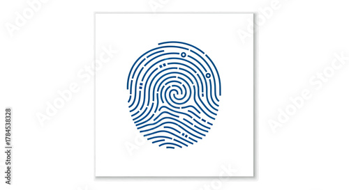 A blue fingerprint image with concentric lines in a square, set on white background