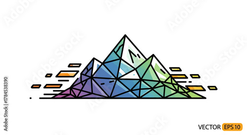A colorful, geometric mountain range illustration with gradient shading. Linear design with abstract flair