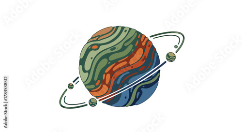 Stylized, colorful depiction of a planet with swirling patterns and orbiting celestial bodies