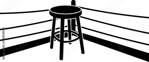 A solitary black stool sits in the corner of an empty boxing ring with white ropes