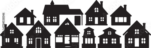 Collection of Village Houses Vector Illustration in Silhouette Style Isolated on Transparent Background Real Estate and Architecture