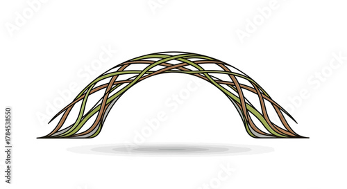 Arch illustration featuring interwoven bands of green, brown, and grey, casting a shadow below