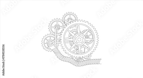 Mechanical gear system illustration in grayscale, intricately rendered, and depicted on a white background